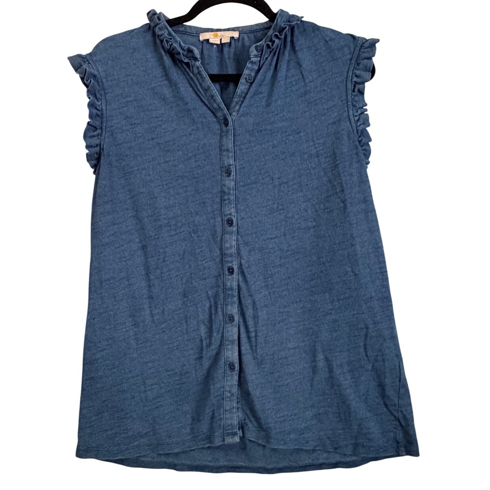 Boden Blue Ruffle Collar Slub Cotton Sleeveless Button Down Top US 6R T0953